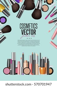 Cosmetics products, fashion makeup banner. Brushes, powder palettes, lipstick, eye pencil, nail polish realistic vector illustrations set on turquoise background. Cosmetics shop, beauty salon web page