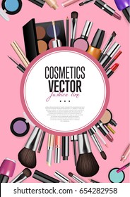 Cosmetics products, fashion makeup banner. Brushes, powder palettes, lipstick, eye pencil, nail polish realistic vector illustrations set on WHITE background. Cosmetics shop, beauty salon