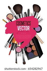 Cosmetics products, fashion makeup banner. Brushes, powder palettes, lipstick, eye pencil, nail polish realistic vector illustrations set on white background. For cosmetics shop, beauty salon
