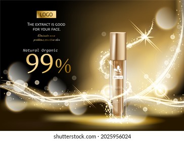 Cosmetics products with gold luxury collection composition on black blurred gold light effect background. Vector illustration EPS10