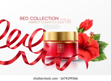 Cosmetics products with hibiscus flower luxury collection composition isolated on white background. Vector illustration EPS10