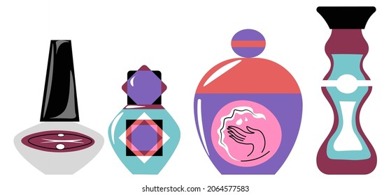 Cosmetics products, isolated perfumes, hand cream and nail polish. Beauty salon or home spa procedures for women, aromatic fragrant and minimalist design of brands bottles. Vector in flat style