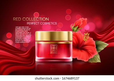 Cosmetics products with luxury collection composition on red blurred bokeh background with hibiscus flower. Vector illustration EPS10