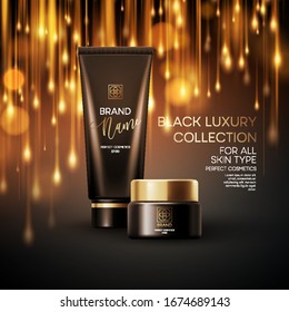 Cosmetics products with luxury collection composition on black blurred bokeh background. Vector illustration EPS10