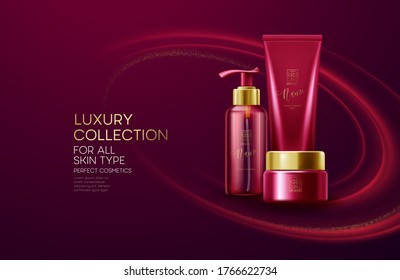 Cosmetics Products With Luxury Collection Composition On Red Wave Background With Golden Glitter Dust. Vector Illustration EPS10