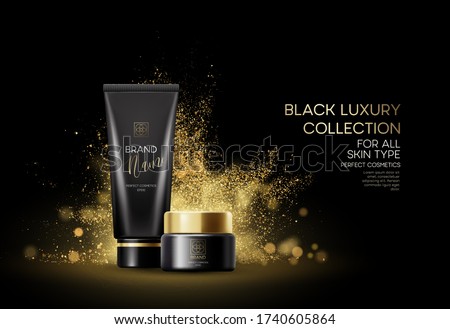 Cosmetics products with luxury collection composition on black blurred bokeh background with golden glitter dust. Vector illustrationEPS10