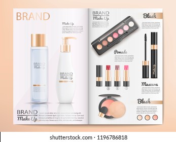 Cosmetics Products, Make Up Accessories Catalog Template With Branded Shampoo, Lotion, Skin Care Cream, Blush, Mascara, Lipstick And Blush Realistic Vector. Beauty Magazine, Promo Booklet Or Brochure