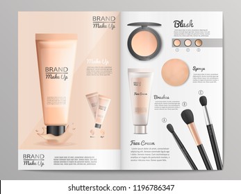 Cosmetics Products and Make Up Tools Promotion Catalog Template with Branded Face Cream, Blush and Brushes Realistic 3d Vector. Beauty Magazine, Advertising Booklet or Brochure with Skin Care Goods