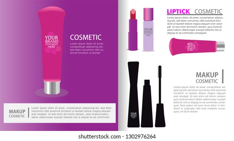Cosmetics Products and Make Up Tools Promotion Catalog Template with Branded Face Cream, Blush and Brushes Realistic Beauty Magazine, Advertising Booklet or Brochure with Skin Care Goods