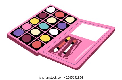 Cosmetics and products for make up, isolated palette of shades for eyes and cheeks. Package with mirror and brushes, applicator for applying. Beauty salon procedures and care. Vector in flat style