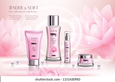 Cosmetics products series advertising composition on pink sparkling background with lotus flowers and pearls vector illustration