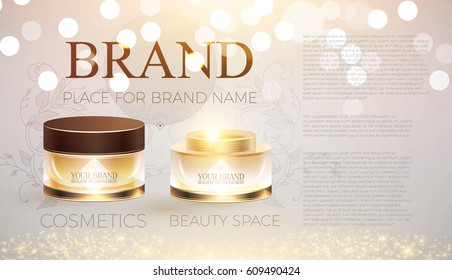 Cosmetics Promotion Template with Your Brand Creme Package, Soft Bokeh Effect, Gold Flash and Place for Text. For Sale Design, Medicine Promotion, Beauty Care Presentation. Vector illustration.