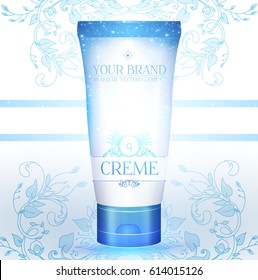 Cosmetics Promotion Template with Your Brand Creme Package, Soft Bokeh Effect, Gold Flash and Place for Text. For Sale Design, Medicine Promotion, Beauty Care Presentation. Vector illustration.