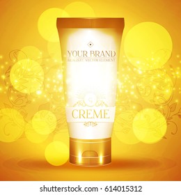 Cosmetics Promotion Template with Your Brand Creme Package, Soft Bokeh Effect and Place for Text. Sunscreen. For Sale Design, Medicine Promotion, Beauty Care Presentation. Vector illustration.