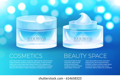 Cosmetics Promotion Template with Your Brand Creme Package, Soft Bokeh Effect, Gold Flash and Place for Text. For Sale Design, Medicine Promotion, Beauty Care Presentation. Vector illustration.