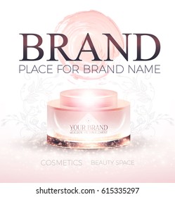 Cosmetics Promotion Template with Your Brand Creme Package, Creme Foundation Smear,  Flash and Place for Text. For Sale Design, Medicine Promotion, Beauty Care Presentation. Vector illustration.