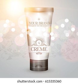 Cosmetics Promotion Template with Your Brand Creme Package, Soft Bokeh Effect, Gold Flash and Place for Text. For Sale Design, Medicine Promotion, Beauty Care Presentation. Vector illustration.