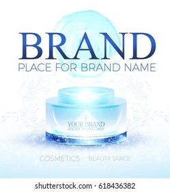 Cosmetics Promotion Template with Your Brand Creme Package, Creme Foundation Smear, Flash and Place for Text. For Sale Design, Medicine Promotion, Beauty Care Presentation. Vector illustration.