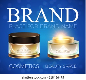 Cosmetics Promotion Template with Your Brand Creme Package, Soft Bokeh Effect, Gold Flash and Place for Text. For Sale Design, Medicine Promotion, Beauty Care Presentation. Vector illustration.