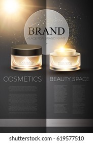 Cosmetics Promotion Template with Your Brand Creme Package, Soft Bokeh Effect, Gold Flash and Place for Text. For Sale Design, Medicine Promotion, Beauty Care Presentation. Vector illustration.