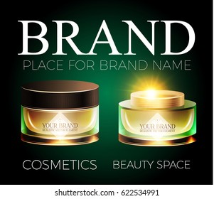 Cosmetics Promotion Template with Your Brand Creme Package, Soft Bokeh Effect, Gold Flash and Place for Text. For Sale Design, Medicine Promotion, Beauty Care Presentation. Vector illustration.