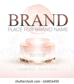 Cosmetics Promotion Template with Your Brand Creme Package, Creme Foundation Smear, Flash and Place for Text. For Sale Design, Medicine Promotion, Beauty Care Presentation. Vector illustration.