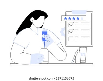 Cosmetics quality testing abstract concept vector illustration. Lab worker checking cosmetics for quality, beauty products inspection, microbiological testing, certified cream abstract metaphor.