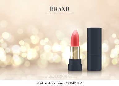Cosmetics red lipstick. 3d vector illustration beautiful advertising poster