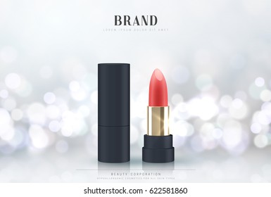 Cosmetics red lipstick. 3d vector illustration beautiful advertising poster