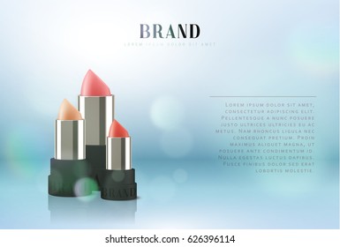 Cosmetics red lipstick. Design promotion of foundation premium product. 3d vector illustration beautiful advertising poster
