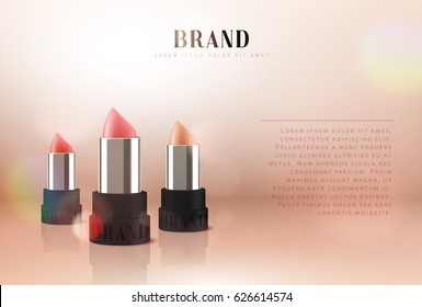 Cosmetics red lipstick. Make-up promotion of foundation premium product. 3d vector illustration beautiful advertising poster