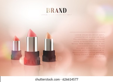Cosmetics red lipstick. Make-up promotion of foundation premium product. 3d vector illustration beautiful advertising poster