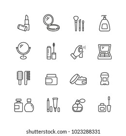 Cosmetics related icons: thin vector icon set, black and white kit