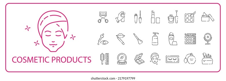 Cosmetics related line icons: thin vector icon set, black and white kit. Girls and beauty. Face care