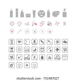 Cosmetics related pictograms : Beauty, skin care, bottles, skin type, etc.