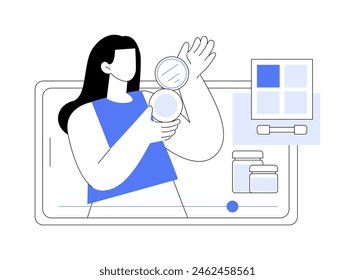 Cosmetics review isolated cartoon vector illustrations. Pretty girl reviewing cosmetic product on camera, beauty blogger, lifestyle channel, skincare class, recording live video vector cartoon.