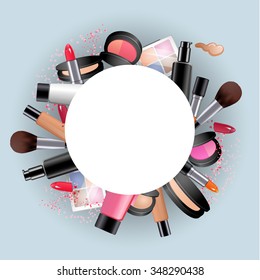 Cosmetics. Round decorative frame with make up stuff. lipstick, mascara, eye shadow, face powder. Vector concept.