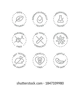 Cosmetics round isolated product vector icon set, round badge line art style illustration.