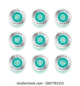 Cosmetics round isolated product vector icon set, round badge line art style illustration.