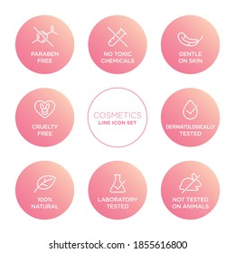 Cosmetics round isolated product vector icon set, round badge line art style illustration.