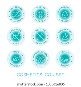 Cosmetics round isolated product vector icon set, round badge line art style illustration.