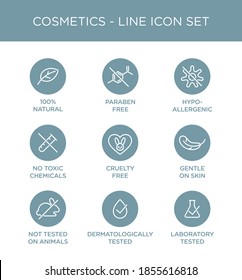 Cosmetics round isolated product vector icon set, round badge line art style illustration.