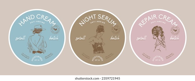 Cosmetics round packaging label design template collection with woman silhouette illustrations