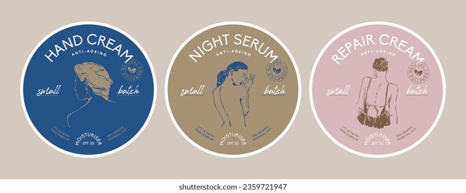 Cosmetics round packaging label design template collection with woman silhouette illustrations