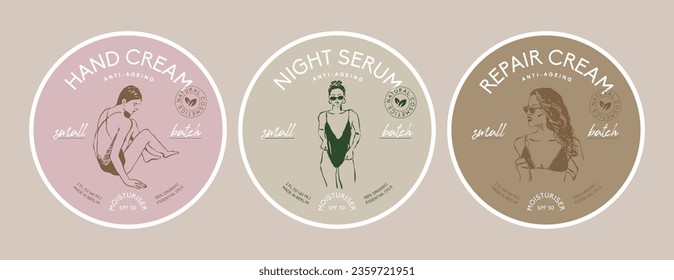 Colección de plantillas de diseño de etiquetas de empaquetado redondo de cosméticos con ilustraciones de silueta de mujer