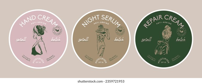 Cosmetics round packaging label design template collection with woman silhouette illustrations