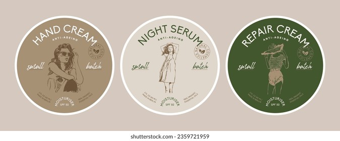 Cosmetics round packaging label design template collection with woman silhouette illustrations