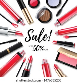 Cosmetics sale background with lips and eyes products. Make-up lipstick, lip gloss, eye shadow, blush and mascara vector background. Good for ads banner poster design.