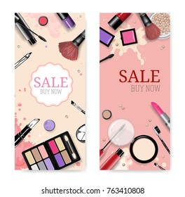 Cosmetics sale banners and ads templates, hand drawn style vector illustration.