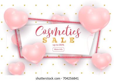 Cosmetics sale web banner, flyer concept. Pink cute balloons in shape of heart randomly flying over white background, gold dots pattern, realistic vector illustration.